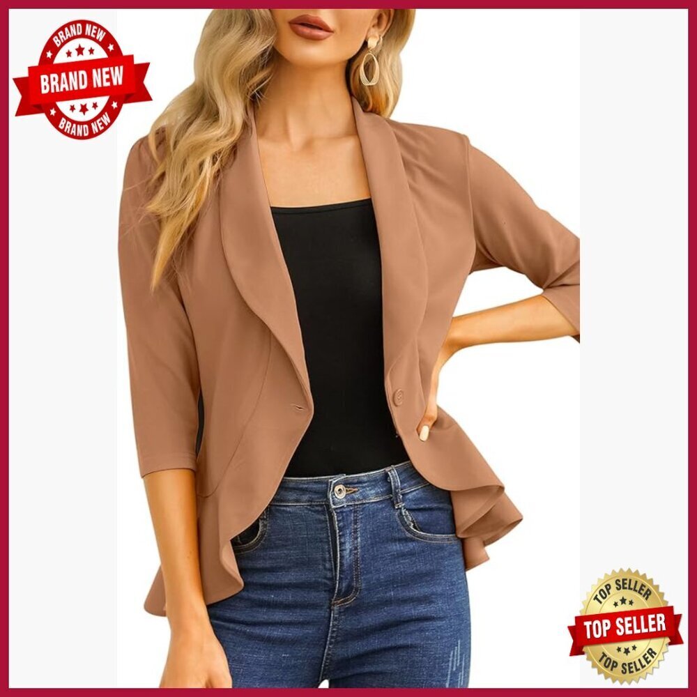 3/4 Sleeve Open Front Ruffle Blazer Cardigan for Work Office Casual